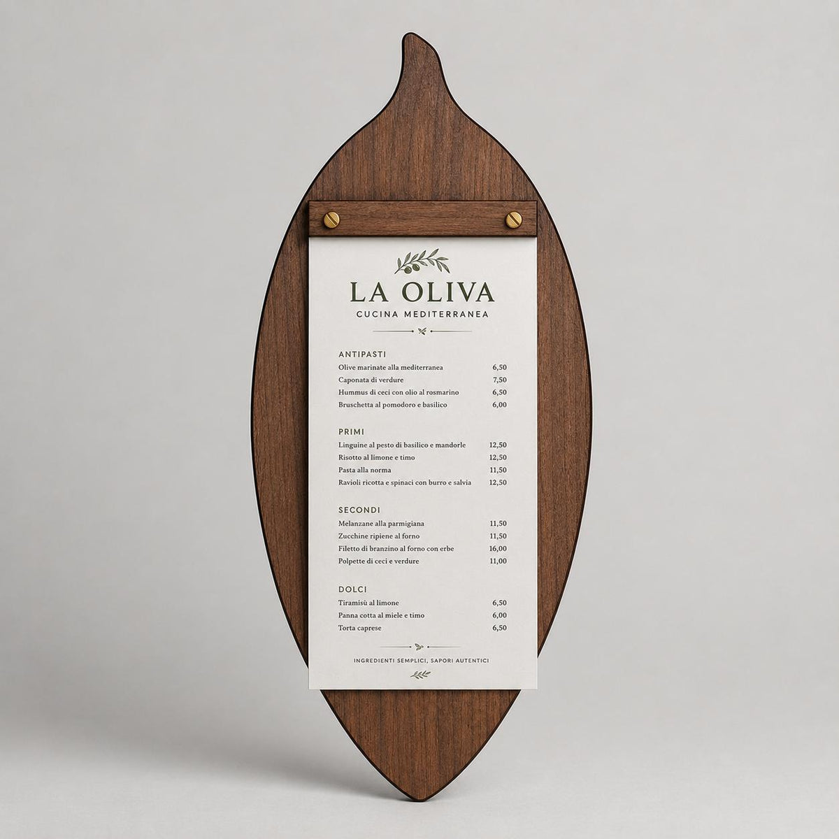 Portamenu in Legno a Forma di foglia di oliva , Tavoletta per Ristorante mediterraneo, Clipboard Personalizzata Incisione Logo