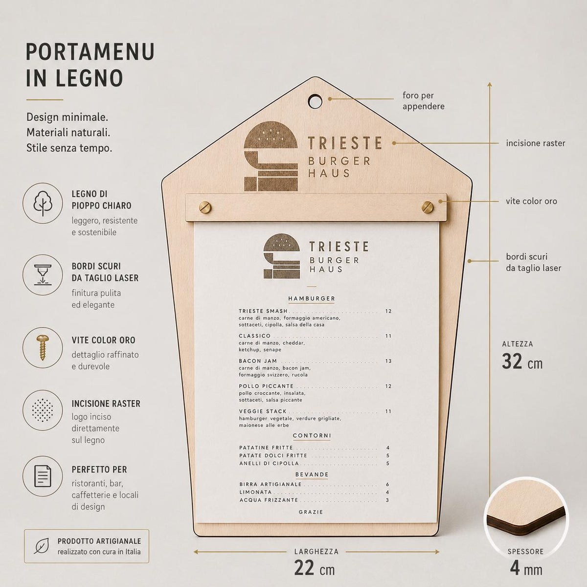 Portamenu in Legno pentagonale , Tavoletta per Ristorante mediterraneo, Clipboard Personalizzata Incisione Logo