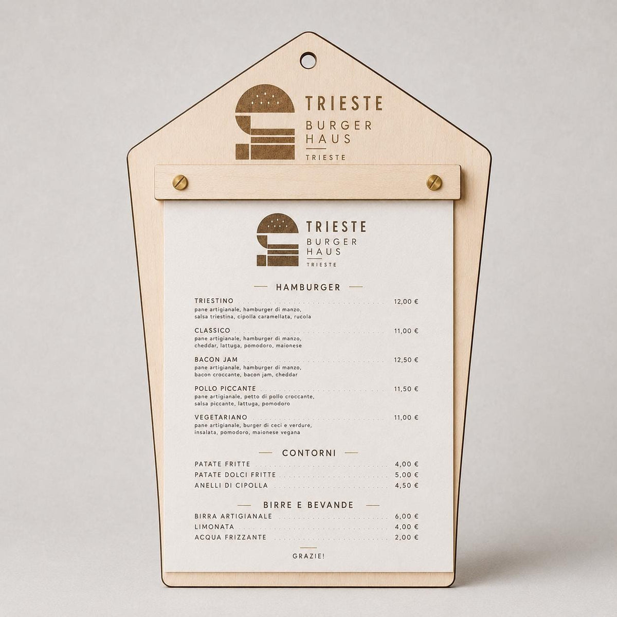Portamenu in Legno pentagonale moderno ebano , Tavoletta per Ristorante mediterraneo, Clipboard Personalizzata Incisione Logo