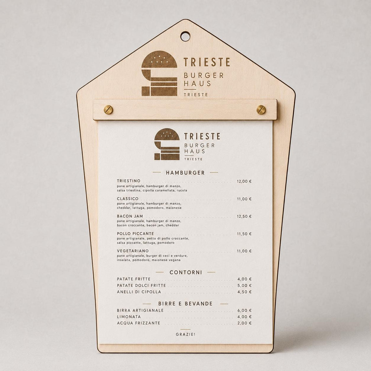 Portamenu in Legno pentagonale , Tavoletta per Ristorante mediterraneo, Clipboard Personalizzata Incisione Logo