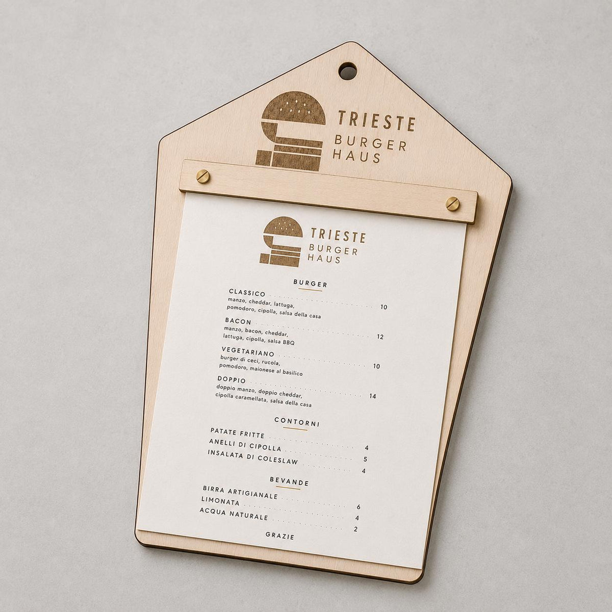 Portamenu in Legno pentagonale , Tavoletta per Ristorante mediterraneo, Clipboard Personalizzata Incisione Logo