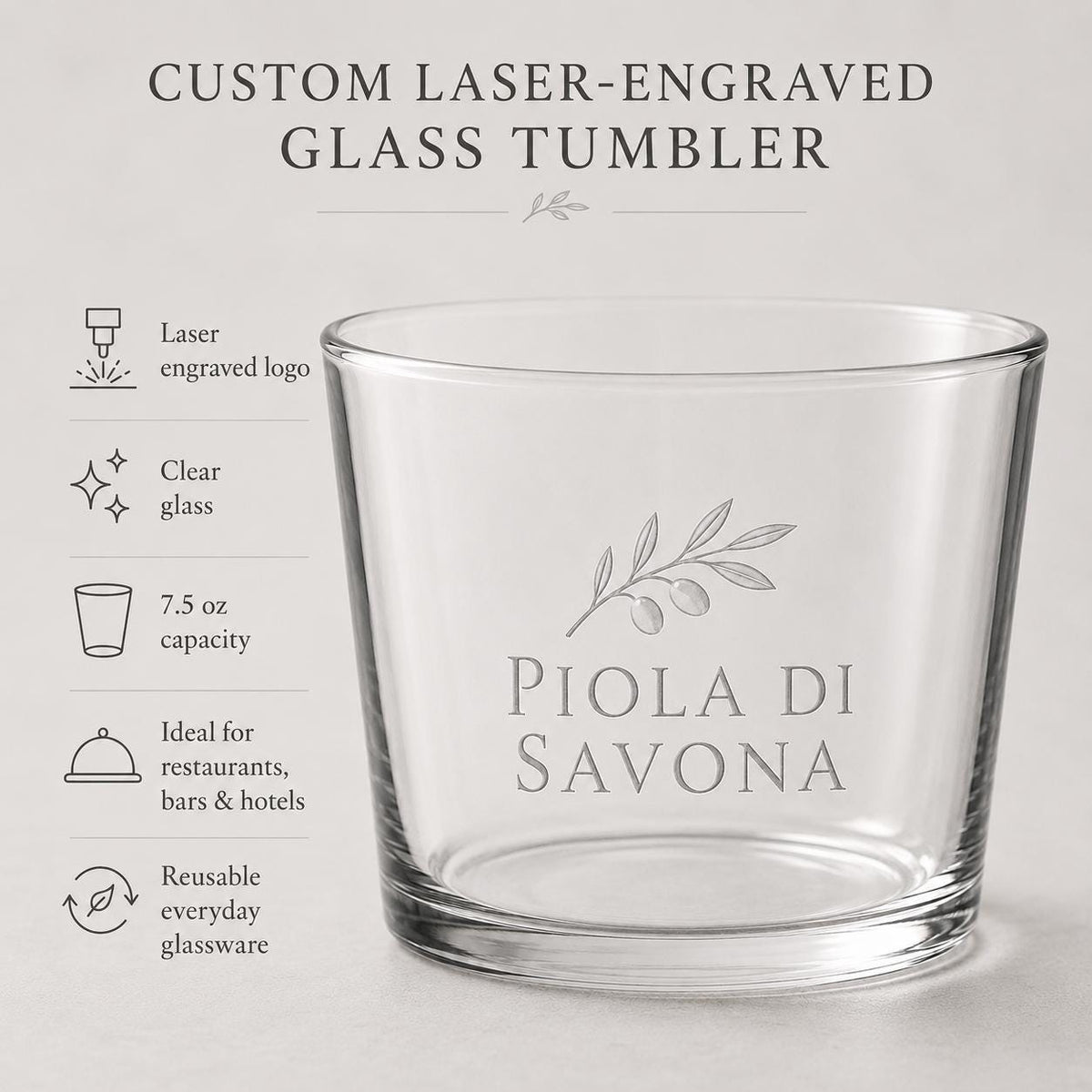Set 12 Bicchieri Bassi Personalizzati Incisione Logo, Tumbler Mini 22,5 cl per Osteria Ristorante Bar, Bicchieri dVino e Acqua Incisi Laser