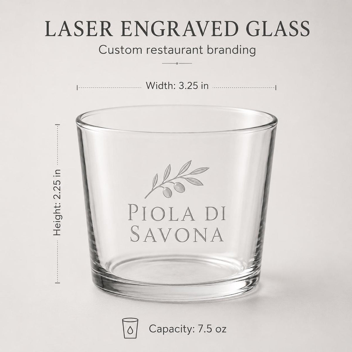 Set 12 Bicchieri Bassi Personalizzati Incisione Logo, Tumbler Mini 22,5 cl per Osteria Ristorante Bar, Bicchieri dVino e Acqua Incisi Laser