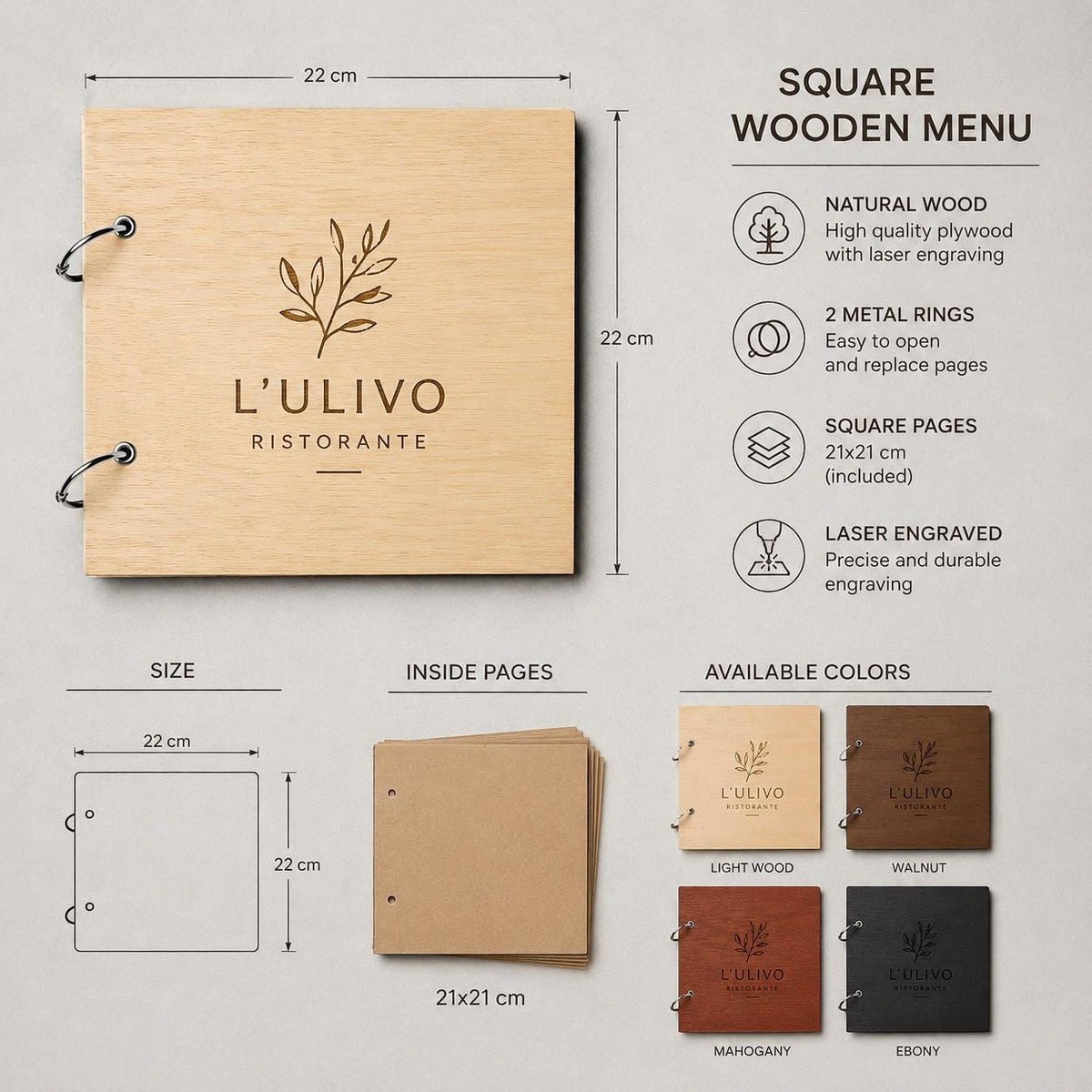 Portamenu in Legno Quadrato noce 22x22 cm Personalizzato, Cartellina a Libro con Anelli per Ristorante e Bar, Copertina Menu con Incisione