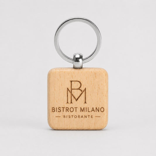 25 Pezzi Portachiavi in Legno Personalizzato Quadrato Personalizzato con Logo, Ciondolo Chiavi per B&B Hotel e Ristorante