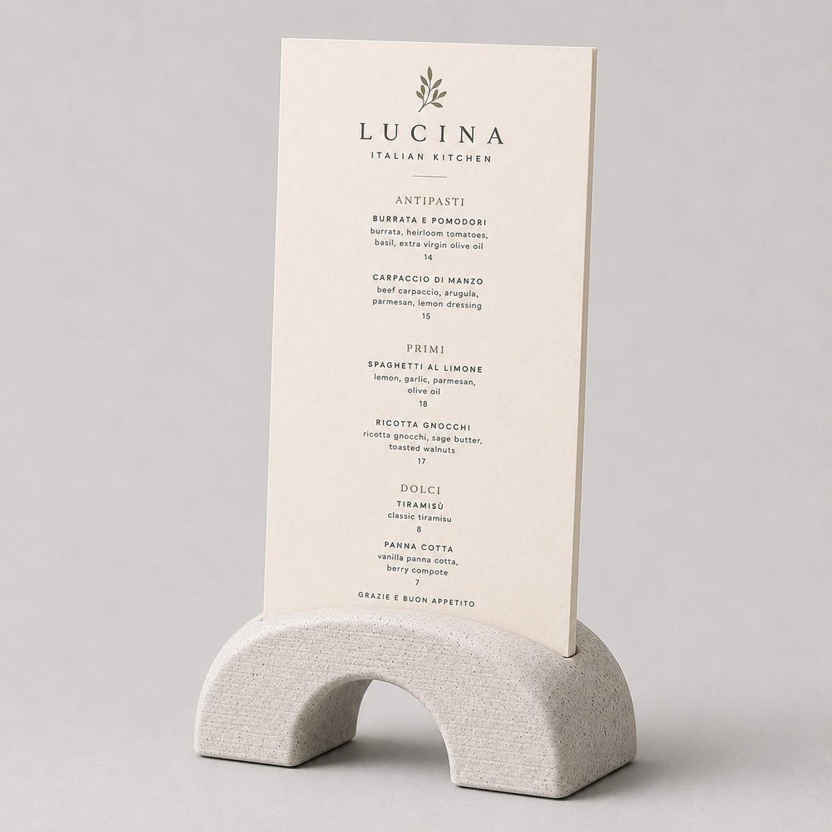 Portamenu da tavolo effetto marmo in stampa 3D – supporto ad arco per menu, QR code e cartoncini