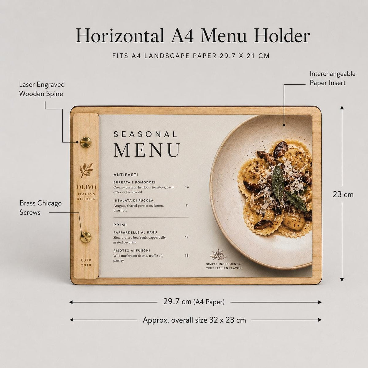 Portamenu in Legno orizzontale Formato A4 o a5 Tavoletta per Ristorante Pizzeria e Trattoria, Clipboard Personalizzata Incisione Logo