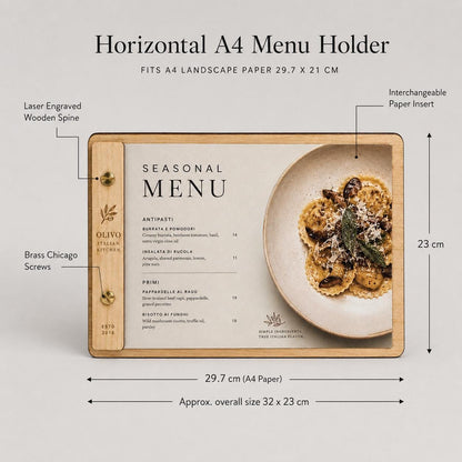 Portamenu in Legno orizzontale Formato A4 o a5 Tavoletta per Ristorante Pizzeria e Trattoria, Clipboard Personalizzata Incisione Logo