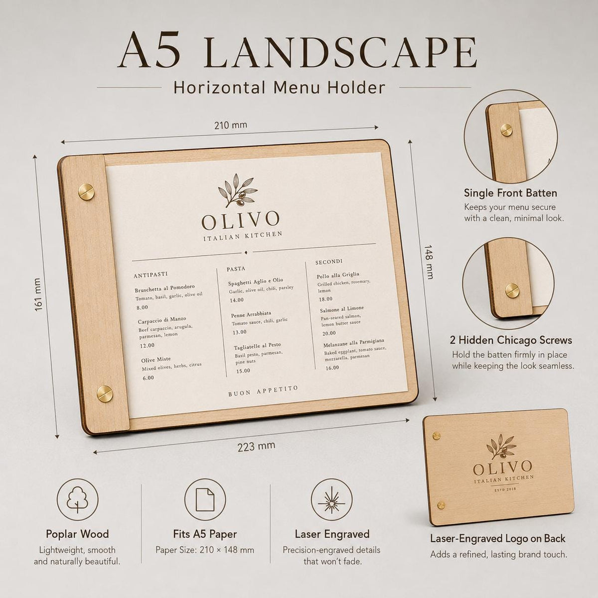Portamenu in Legno orizzontale ebano Formato A4 a5 Tavoletta per Ristorante Pizzeria e Trattoria, Clipboard Personalizzata Incisione Logo