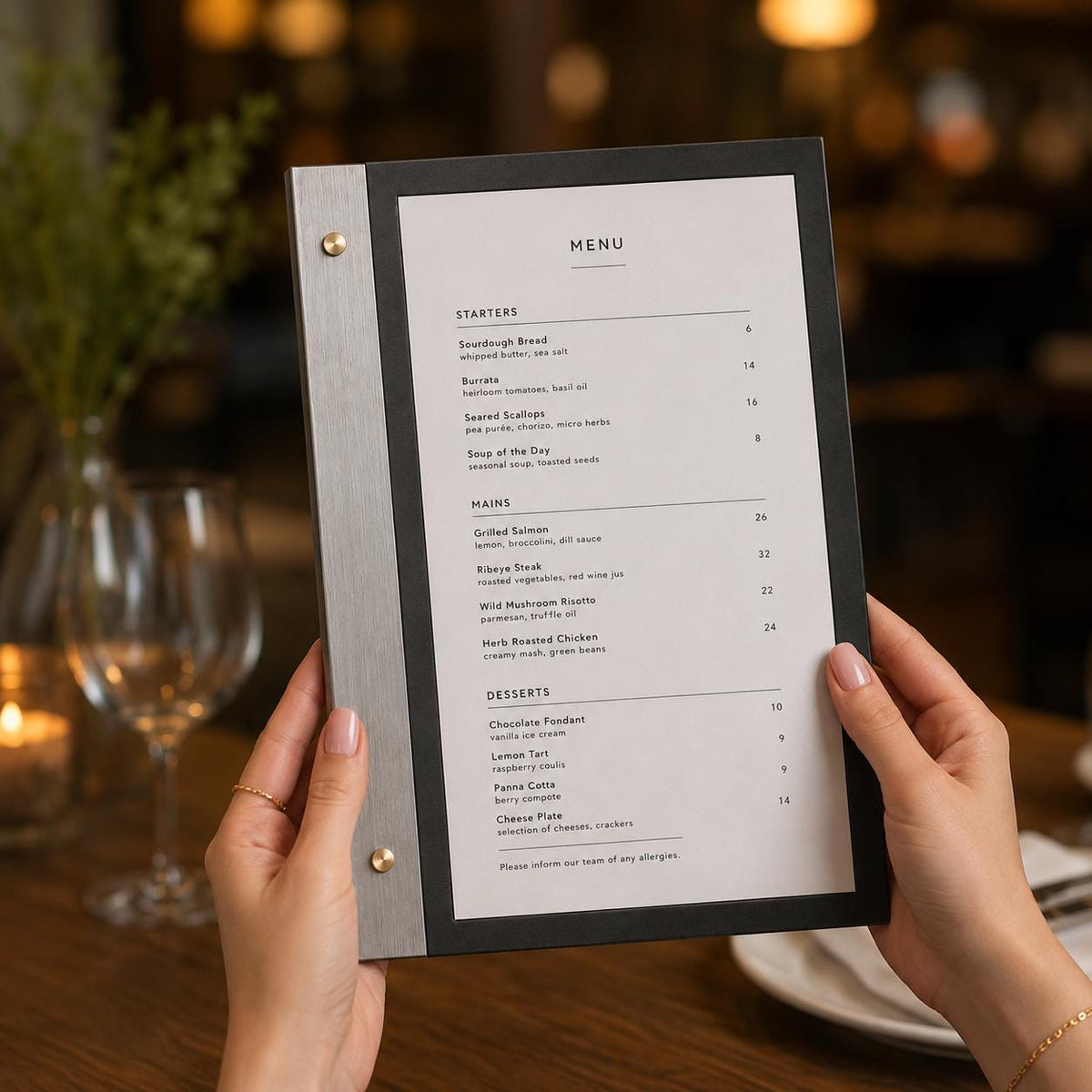 Portamenu luxury effetto ottone spazzolato Formato A4 Tavoletta per Ristorante Pizzeria e Trattoria, Personalizzato Incisione Logo