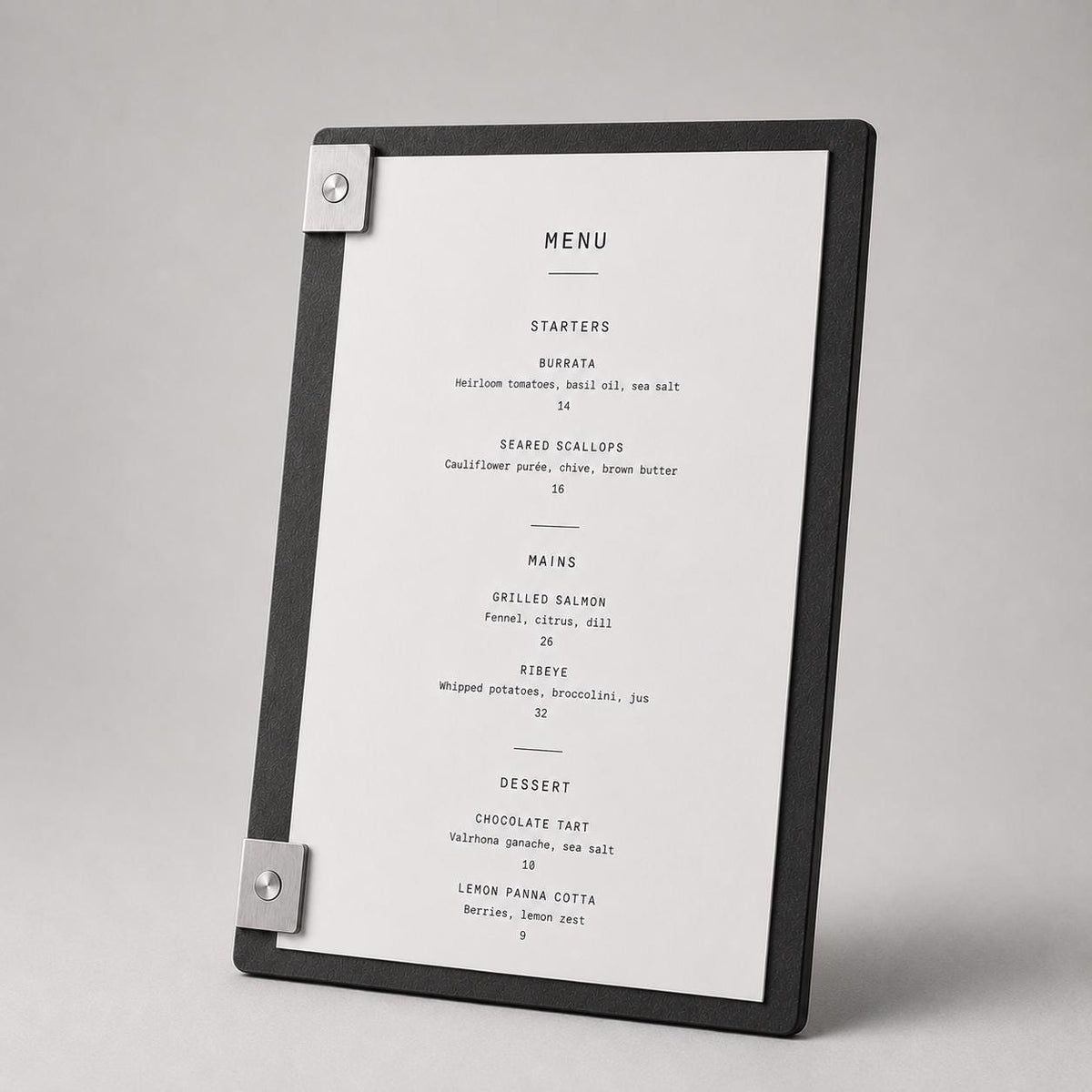 Portamenu design effetto acciaio spazzolato Formato A4 Tavoletta per Ristorante Pizzeria e Trattoria, Personalizzato Incisione Logo