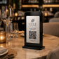 Supporto QR Code da tavolo in plexiglas nero con targhetta ottone o bianco incisa per ristorante bar hotel