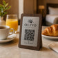 Supporto QR Code da tavolo in plexiglas nero con targhetta ottone o bianco incisa per ristorante bar hotel