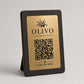Supporto QR Code da tavolo in plexiglas nero con targhetta ottone o bianco incisa per ristorante bar hotel
