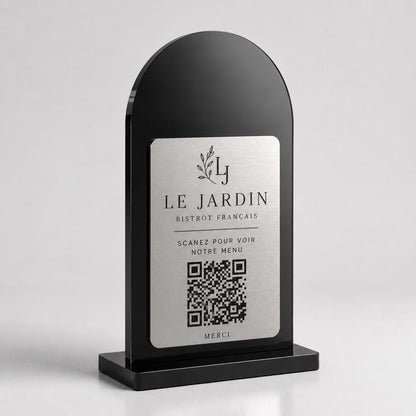 Supporto QR Code da tavolo in plexiglas nero con targhetta ottone o bianco incisa per ristorante bar hotel