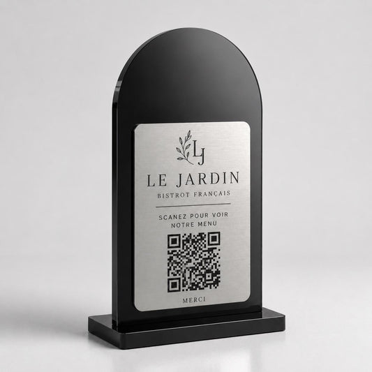 Supporto QR Code da tavolo in plexiglas nero con targhetta ottone o bianco incisa per ristorante bar hotel