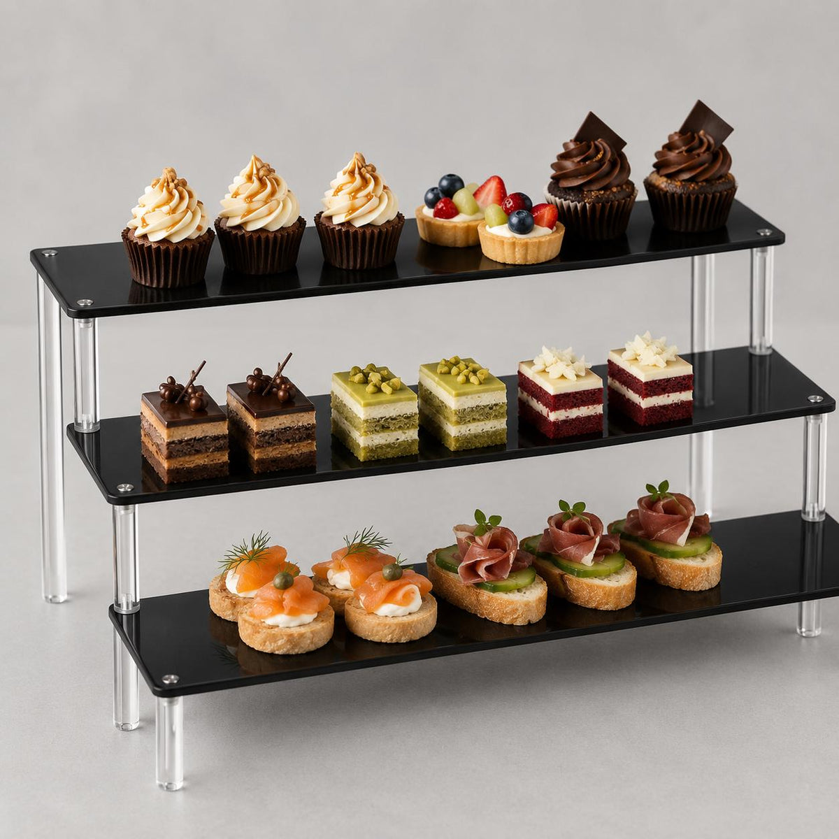 Espositore Acrilico a 3 Livelli per Personaggi Profumi Gioielli Cupcakes, 30x25x15cm, trasparente o nero