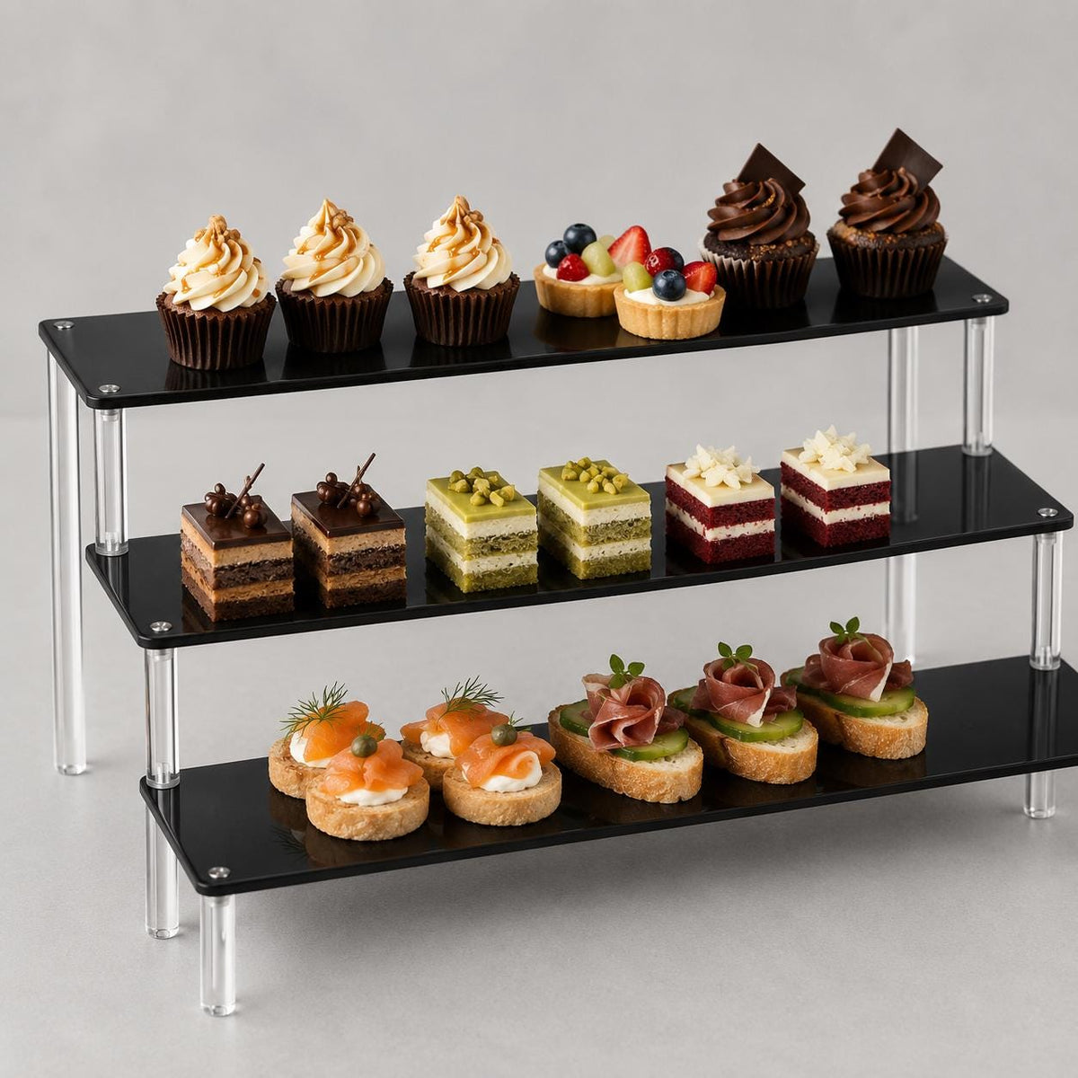 Espositore Acrilico a 3 Livelli nero per Personaggi Profumi Gioielli Cupcakes, 30x25x15cm, trasparente o nero
