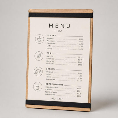 portamenu con elastico A4 in legno scuro per fogli supporto menu inciso, cartella menu ristorante, pannello menu, libro menu, copertina menu