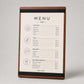 portamenu con elastico A4 in legno scuro per fogli supporto menu inciso, cartella menu ristorante, pannello menu, libro menu, copertina menu