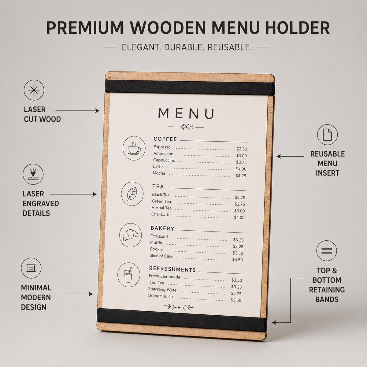 portamenu con elastico A4 in legno scuro per fogli supporto menu inciso, cartella menu ristorante, pannello menu, libro menu, copertina menu