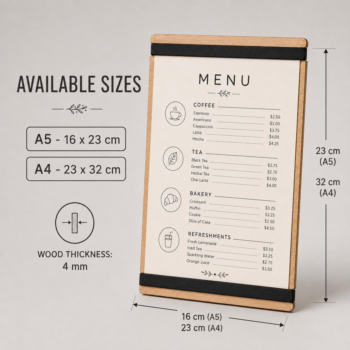 portamenu con elastico A4 in legno scuro per fogli supporto menu inciso, cartella menu ristorante, pannello menu, libro menu, copertina menu
