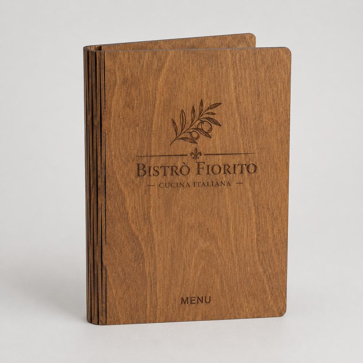 Portamenu pieghevole pioppo color noce in legno bacchetta plexiglas specchiato A4 A5 Personalizzato | Menu Ristorante|Copertina incisa