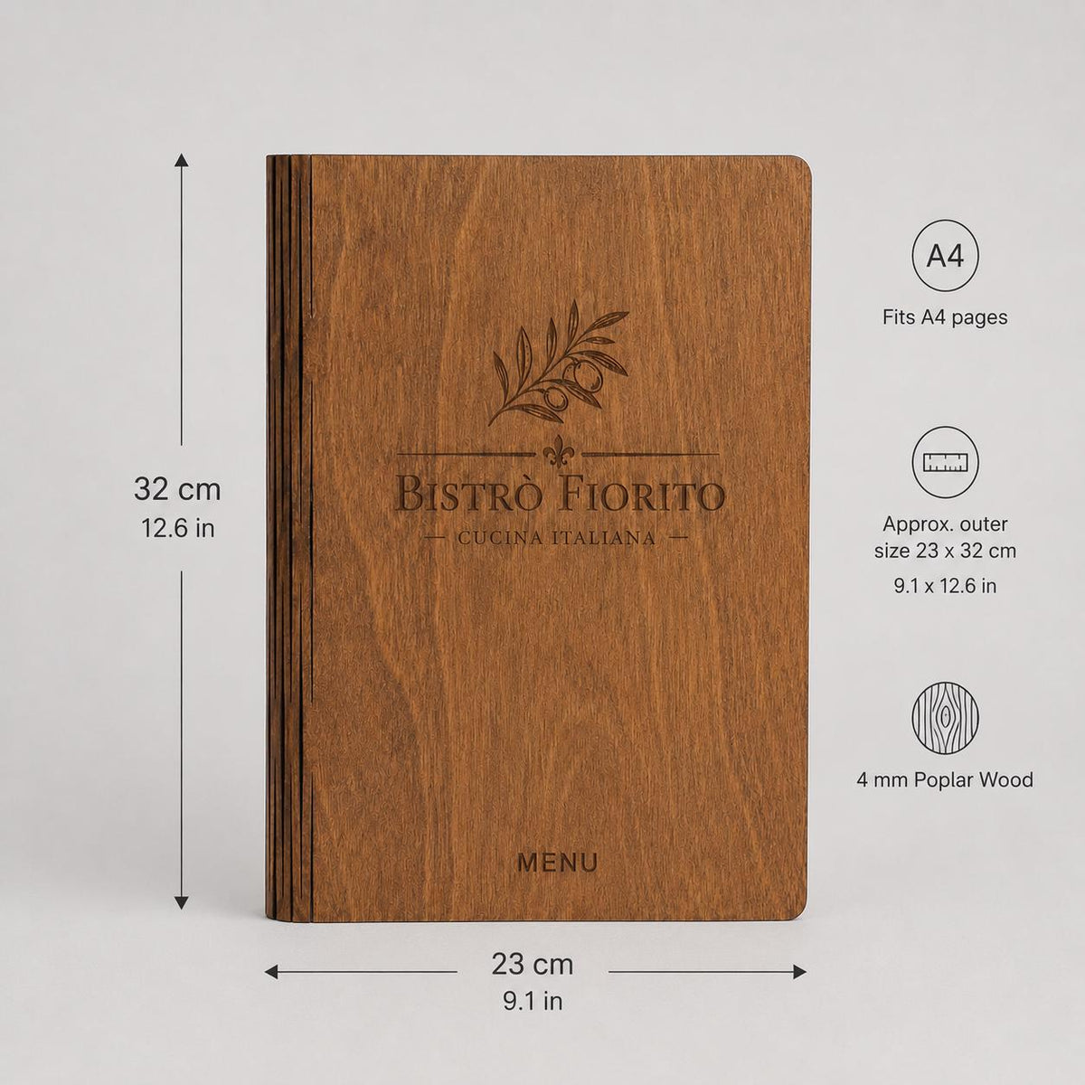 Portamenu pieghevole pioppo color noce in legno bacchetta plexiglas specchiato A4 A5 Personalizzato | Menu Ristorante|Copertina incisa