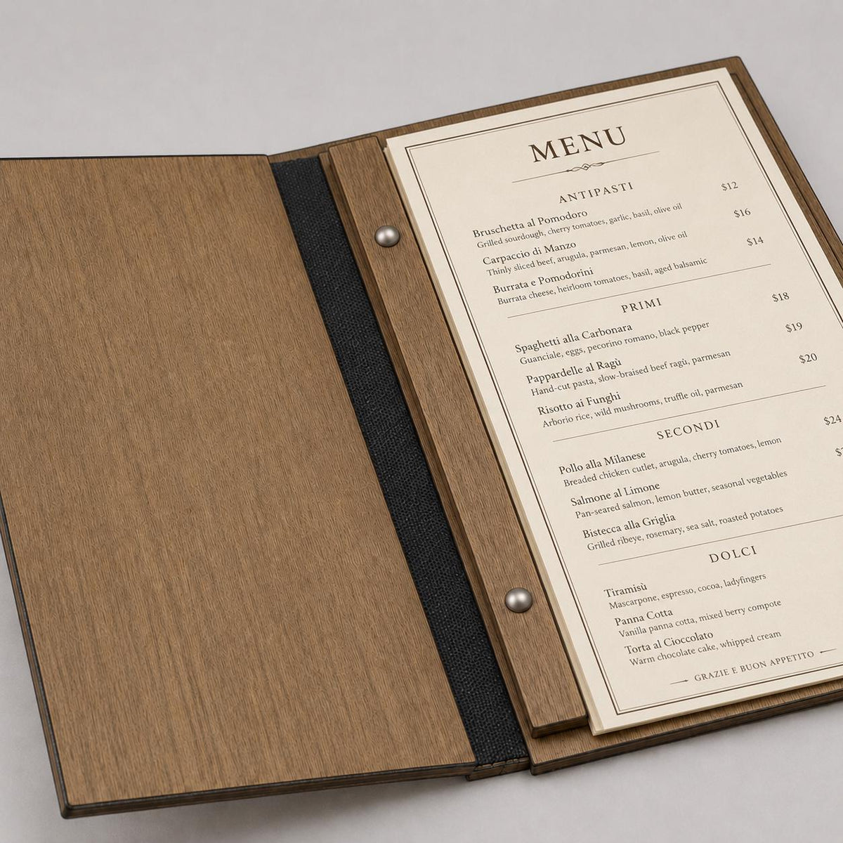 Portamenu pieghevole pioppo color noce in legno bacchetta plexiglas specchiato A4 A5 Personalizzato | Menu Ristorante|Copertina incisa