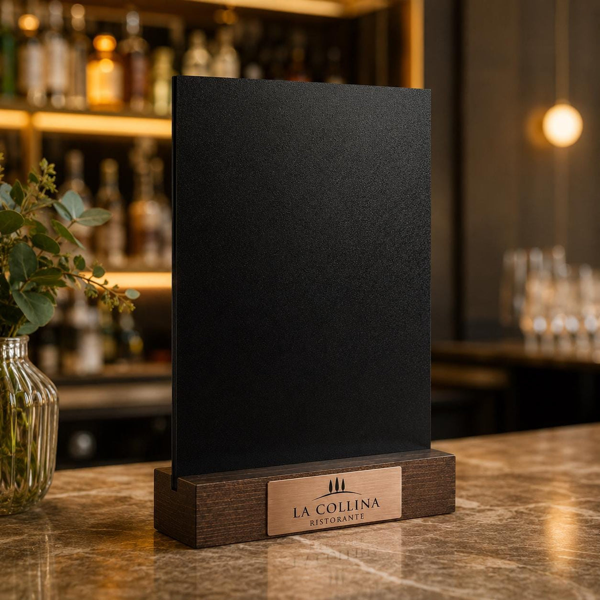 Set 10 pezzi Lavagna da banco con etichetta oro formato a4 a5 a6 Personalizzata, Espositore 3D Legno Scuro Segnatavolo Logo Ristorante Bar