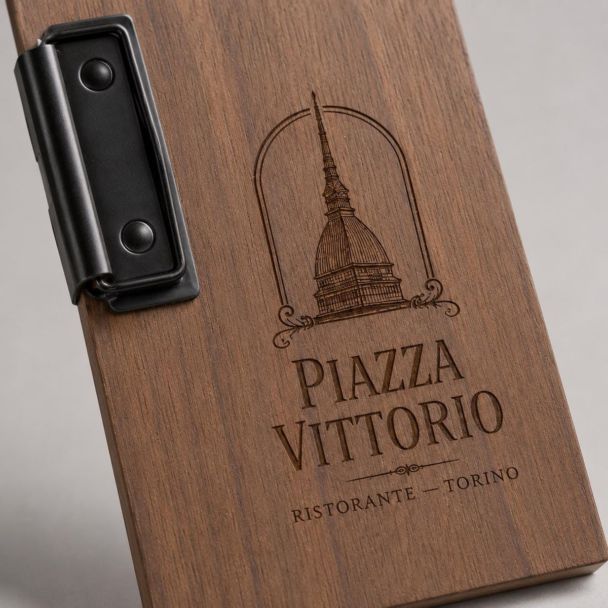 Portaconto personalizzato con incisione laser - Per Caffè, Ristoranti, Bar - 24x10 cm - Legno Di Noce Laccato - Clip Per Mantenere i fogli