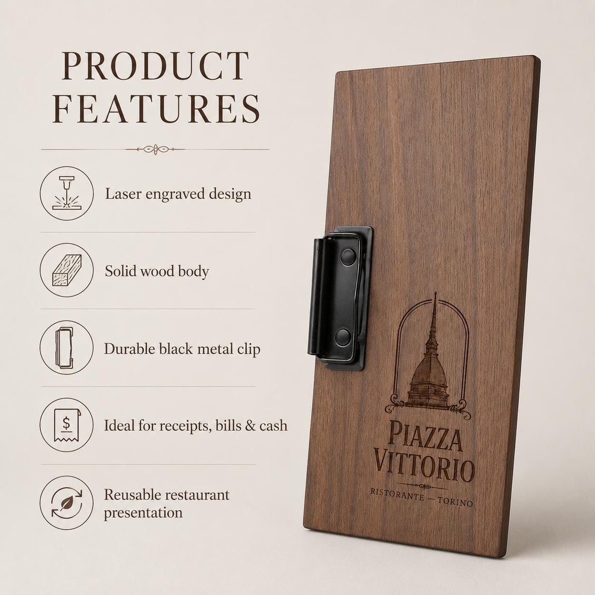 Portaconto personalizzato con incisione laser - Per Caffè, Ristoranti, Bar - 24x10 cm - Legno Di Noce Laccato - Clip Per Mantenere i fogli