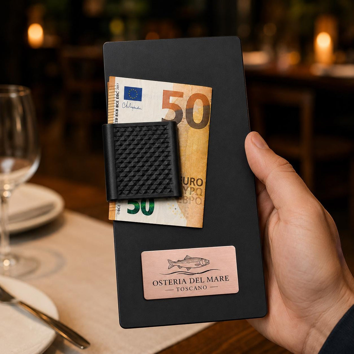 Portaconto personalizzato con incisione laser - Per Caffè, Ristoranti, Bar - 24x10 cm - plexiglas satinato nero - Clip Per Mantenere i fogli