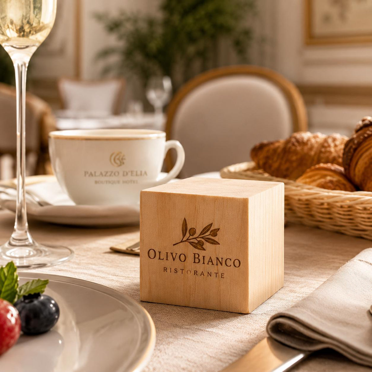 Cubo in legno personalizzato con logo inciso e QR code – Segnatavolo per ristoranti, hotel e locali