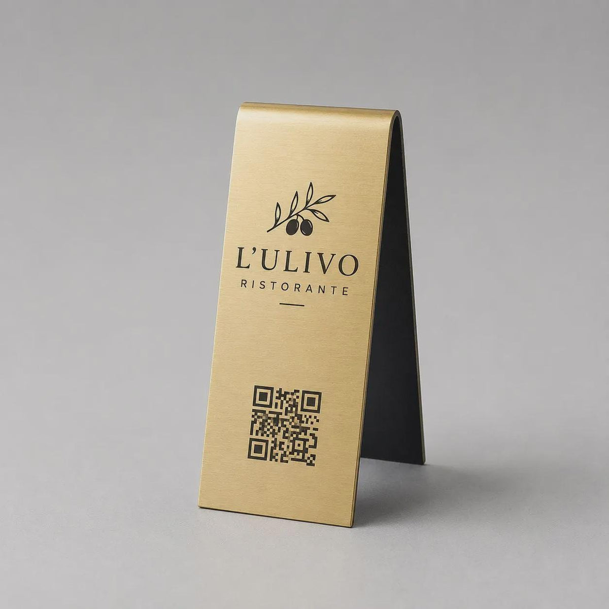 Espositore QR Code da Tavolo Oro Spazzolato Personalizzato, Portamenu a Cavalletto con Logo Inciso a Laser, Segnatavolo per Ristorante