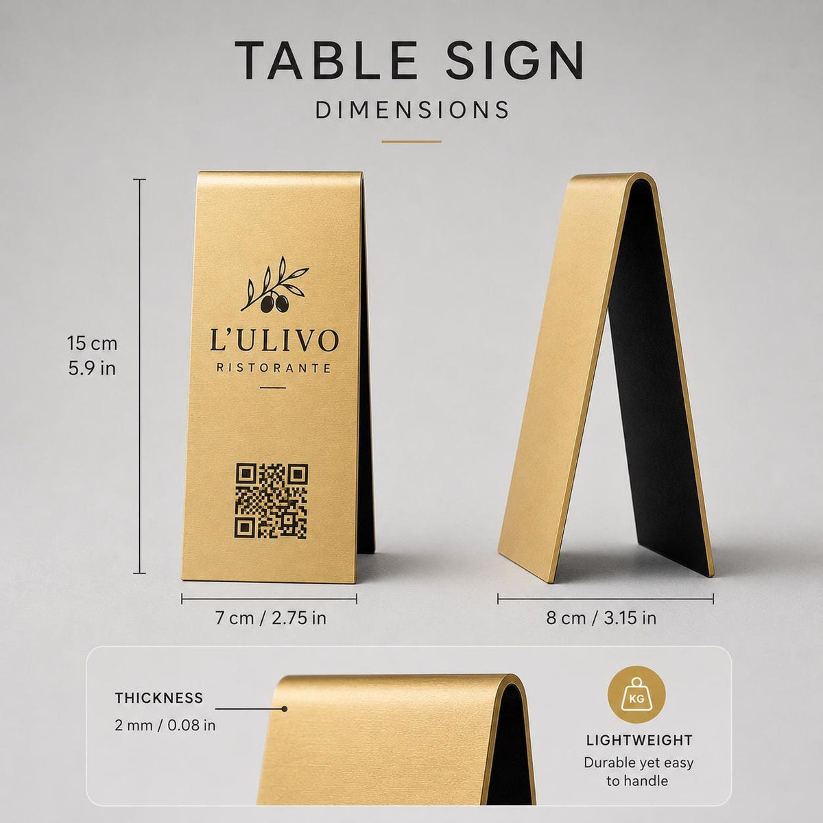 Espositore QR Code da Tavolo Oro Spazzolato Personalizzato, Portamenu a Cavalletto con Logo Inciso a Laser, Segnatavolo per Ristorante