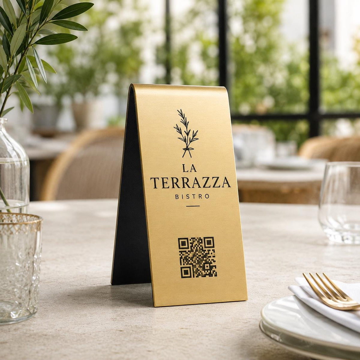 Espositore QR Code da Tavolo Oro Spazzolato Personalizzato, Portamenu a Cavalletto con Logo Inciso a Laser, Segnatavolo per Ristorante