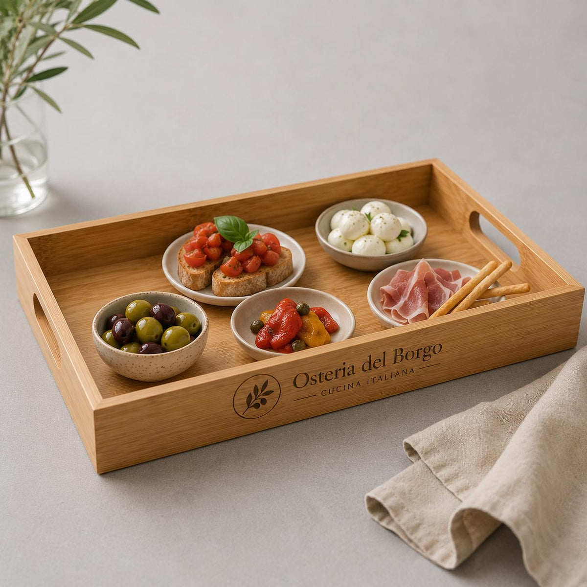 Vassoio in Legno con Maniglie 38x25 cm, Vassoio Rettangolare in Bambù per Servire Cibo, Colazione e Caffè, Vassoio da Portata Robusto