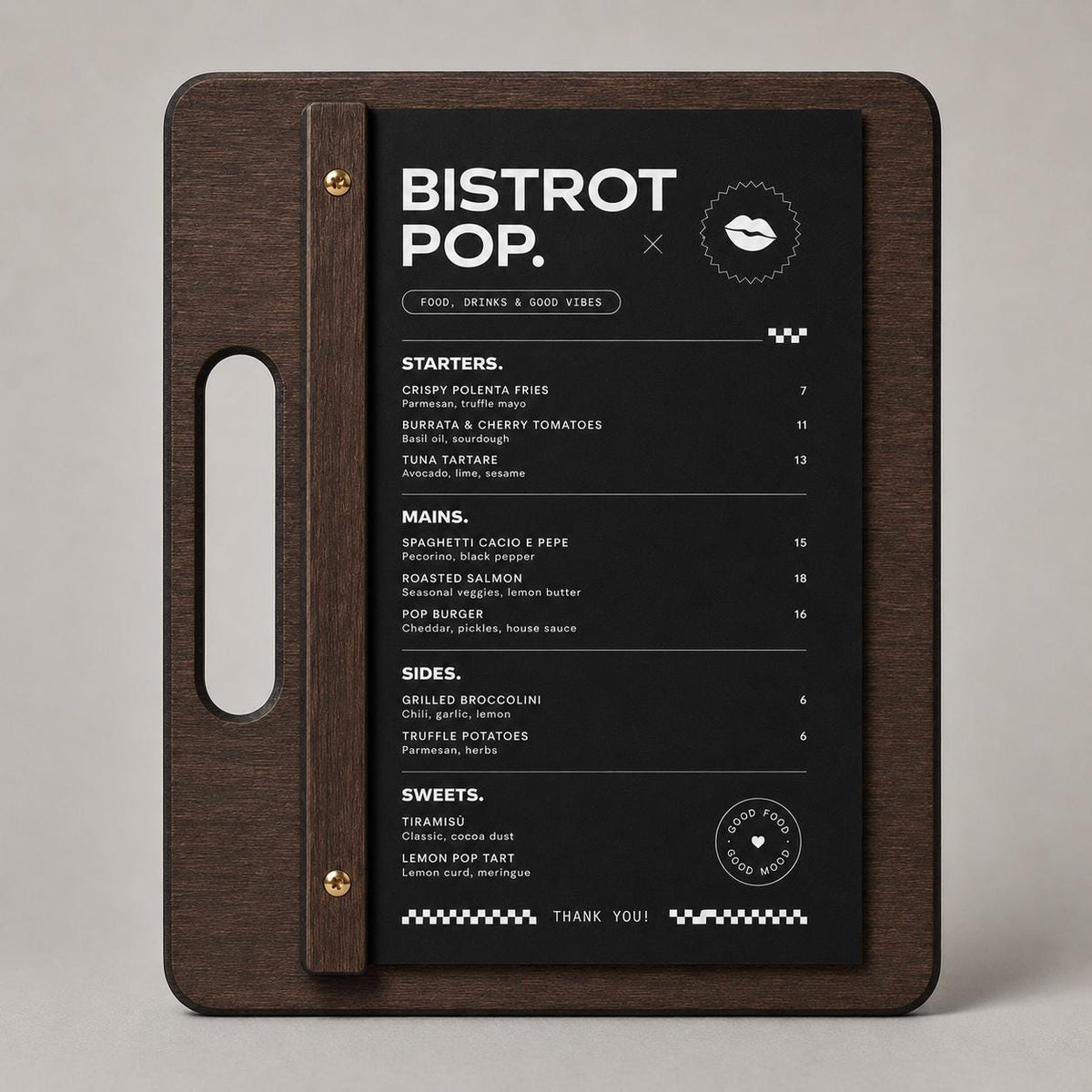 Portamenu in Legno di pioppo ebano, Tavoletta con Maniglia per Ristorante e Bar, Clipboard con Listello e Viti, Accessori Tavola