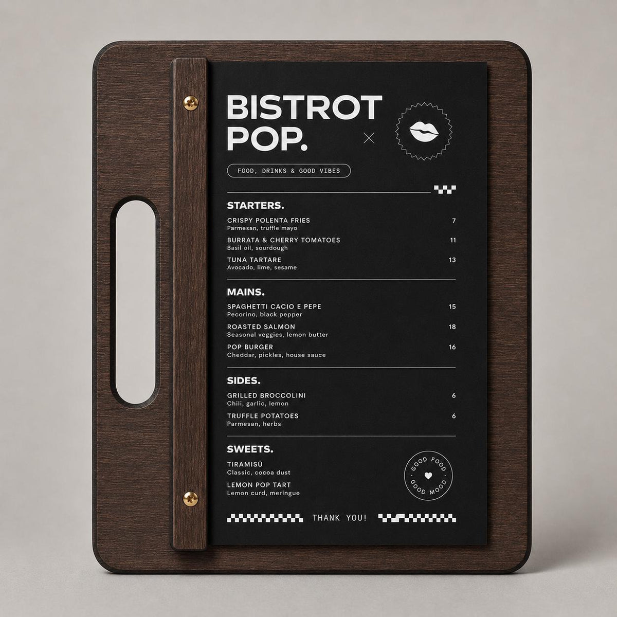 Portamenu in Legno di pioppo noce, Tavoletta con Maniglia per Ristorante e Bar, Clipboard con Listello e Viti, Accessori Tavola