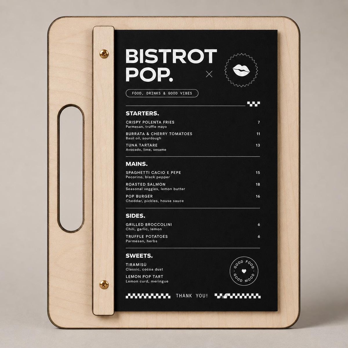 Portamenu in Legno di pioppo ebano, Tavoletta con Maniglia per Ristorante e Bar, Clipboard con Listello e Viti, Accessori Tavola