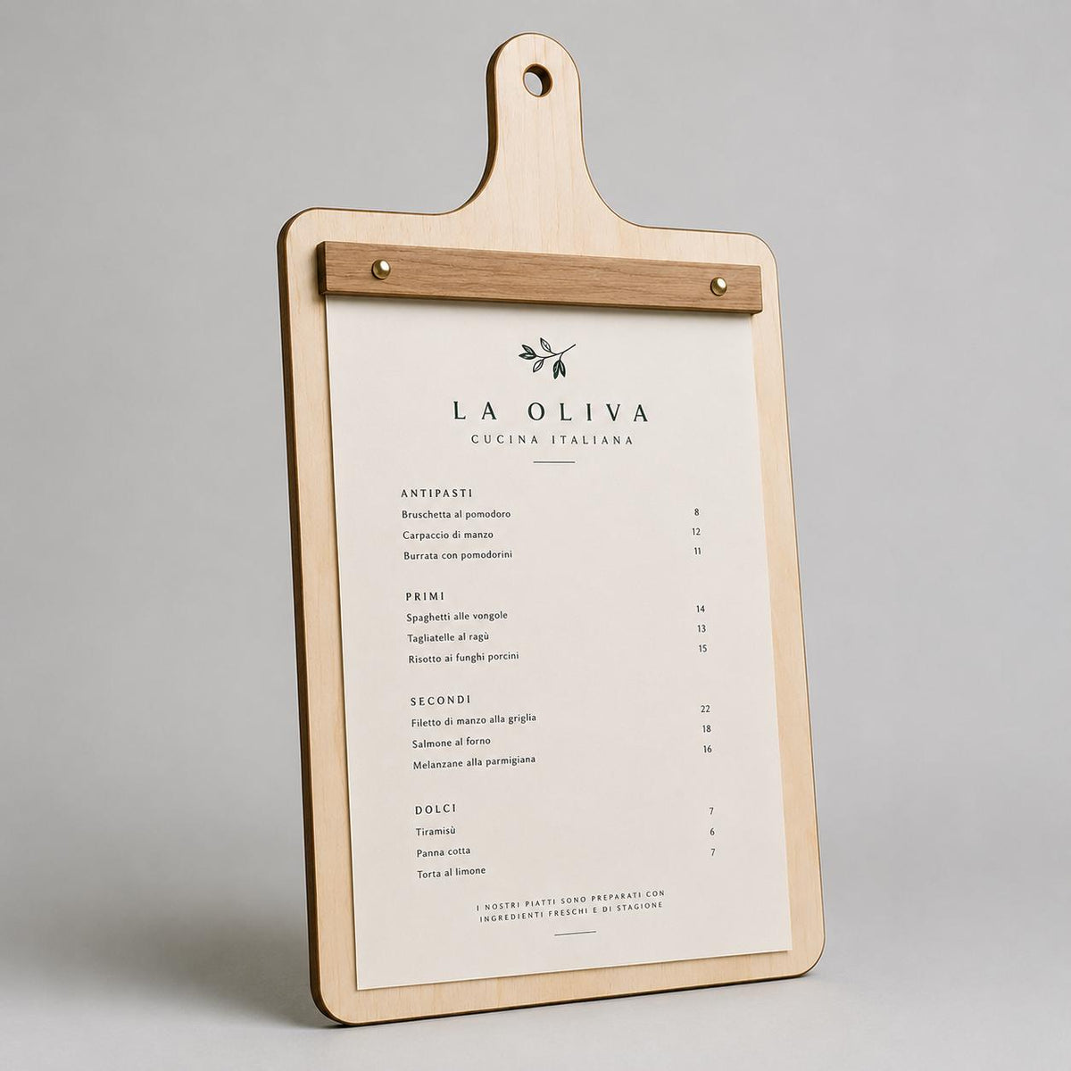 Portamenu in Legno a Forma di Tagliere Formato A4, Tavoletta per Ristorante Pizzeria e Trattoria, Clipboard Personalizzata Incisione Logo