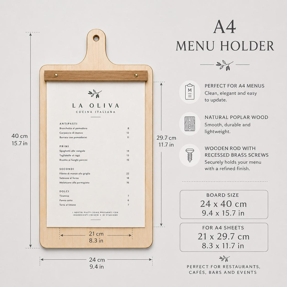 Portamenu in Legno a Forma di Tagliere Formato A4, Tavoletta per Ristorante Pizzeria e Trattoria, Clipboard Personalizzata Incisione Logo