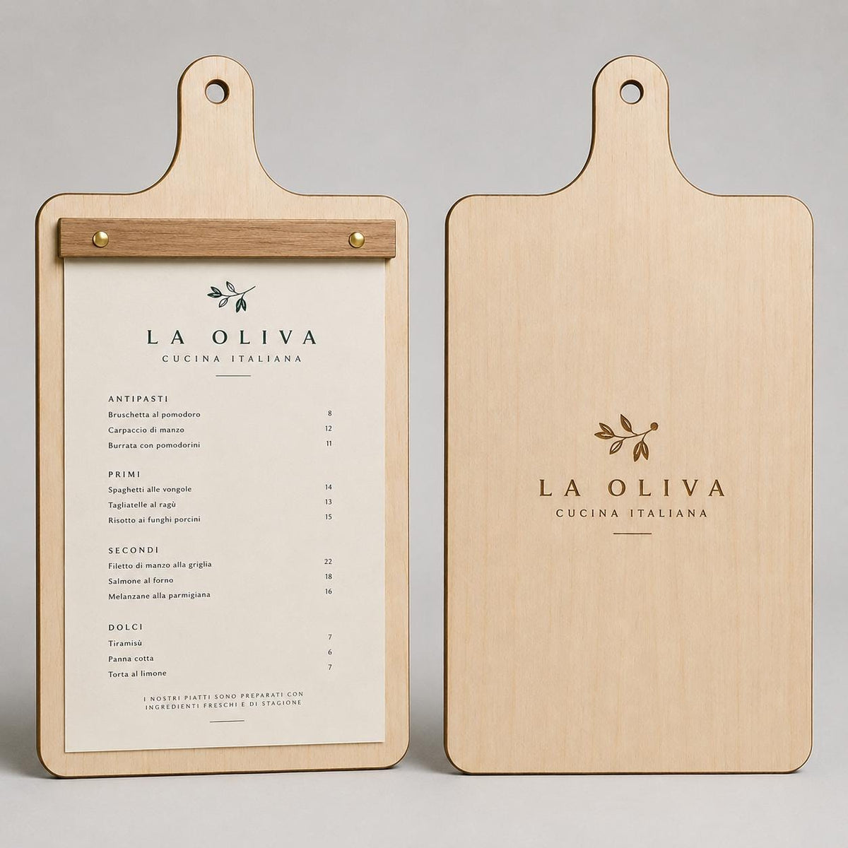Portamenu in Legno a Forma di Tagliere Formato A4, Tavoletta per Ristorante Pizzeria e Trattoria, Clipboard Personalizzata Incisione Logo