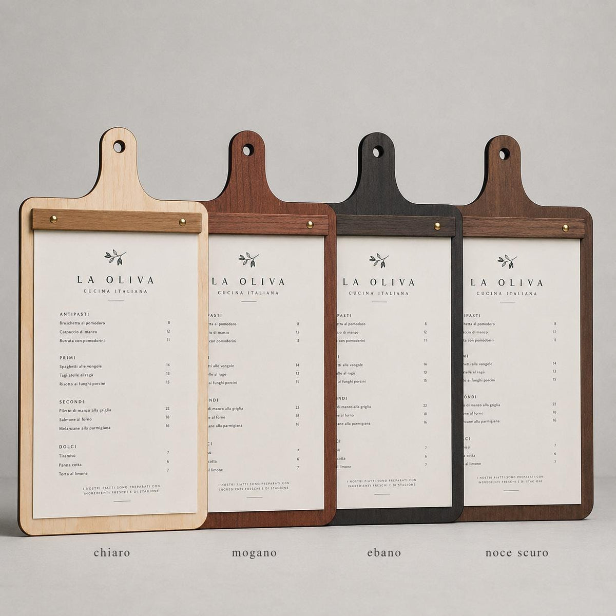 Portamenu in Legno a Forma di Tagliere Formato A4, Tavoletta per Ristorante Pizzeria e Trattoria, Clipboard Personalizzata Incisione Logo