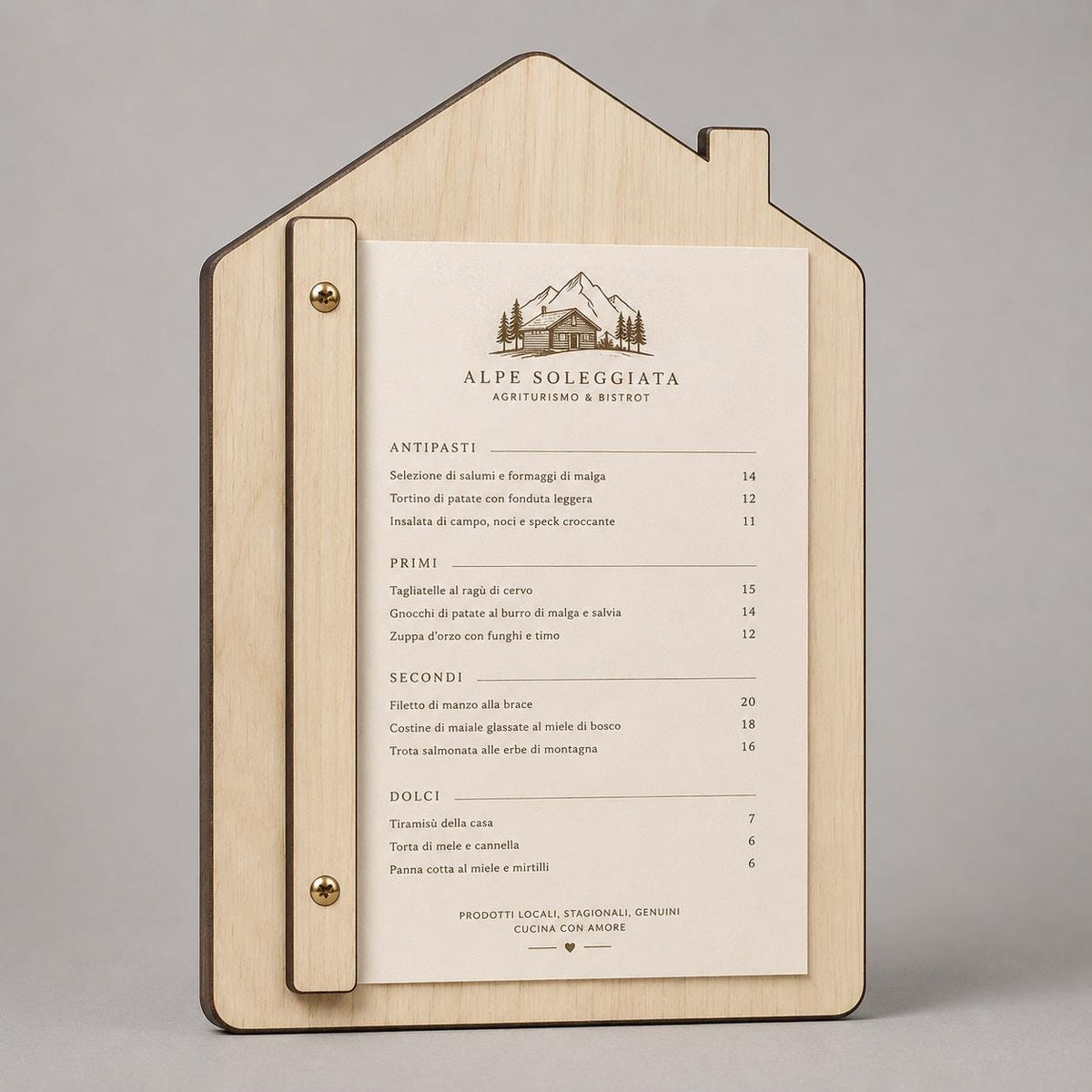 Portamenu in Legno a Forma di casa noce Formato A4, Tavoletta per Ristorante Pizzeria e Trattoria, Clipboard Personalizzata Incisione Logo