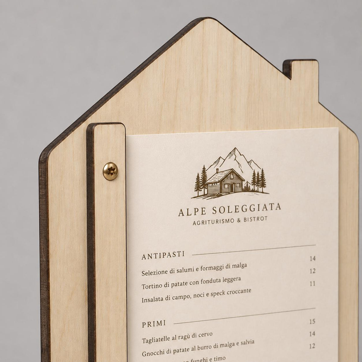Portamenu in Legno a Forma di casa ebano Formato A4, Tavoletta per Ristorante Pizzeria e Trattoria, Clipboard Personalizzata Incisione Logo