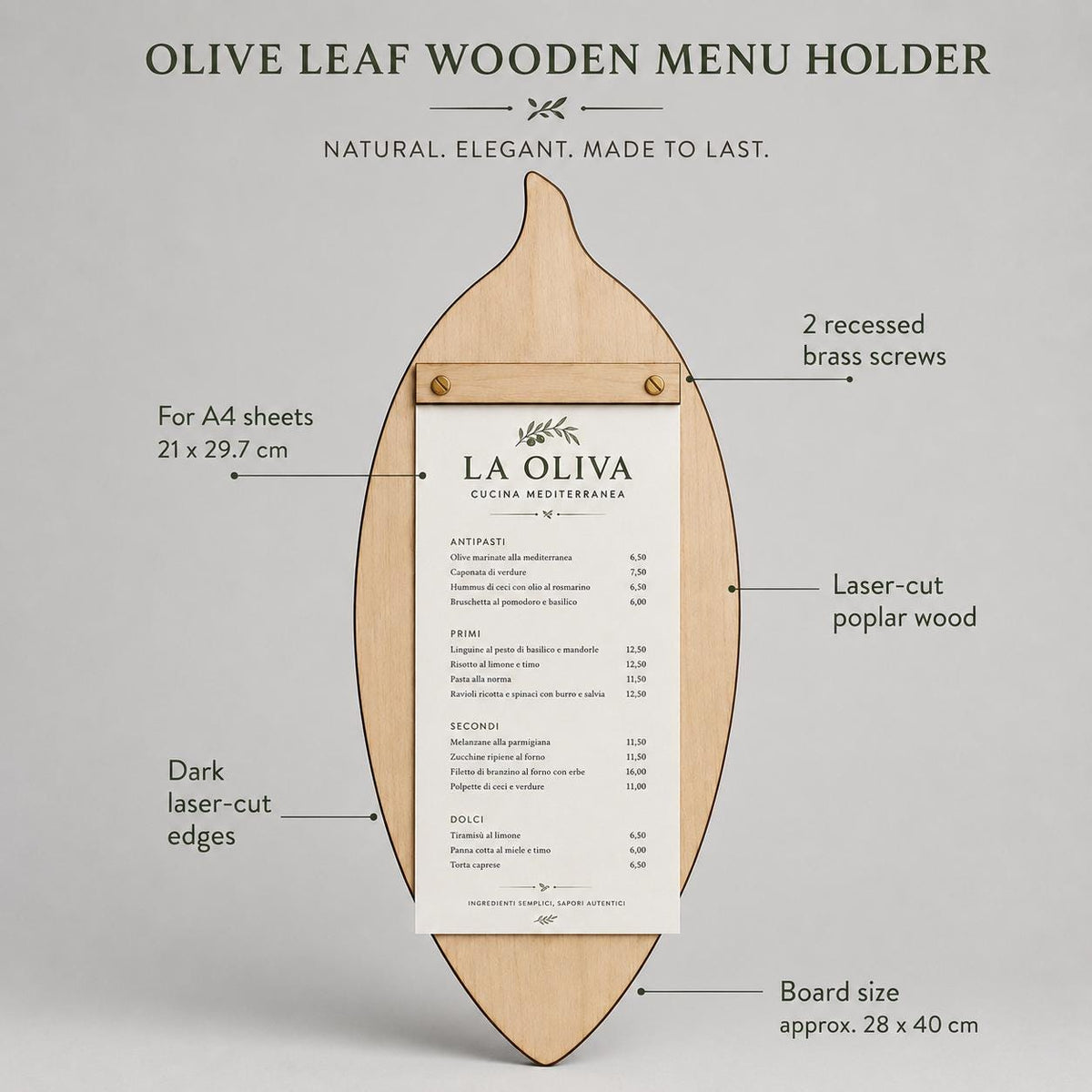 Portamenu in Legno a Forma di foglia di oliva noce scuro, Tavoletta per Ristorante mediterraneo, Clipboard Personalizzata Incisione Logo