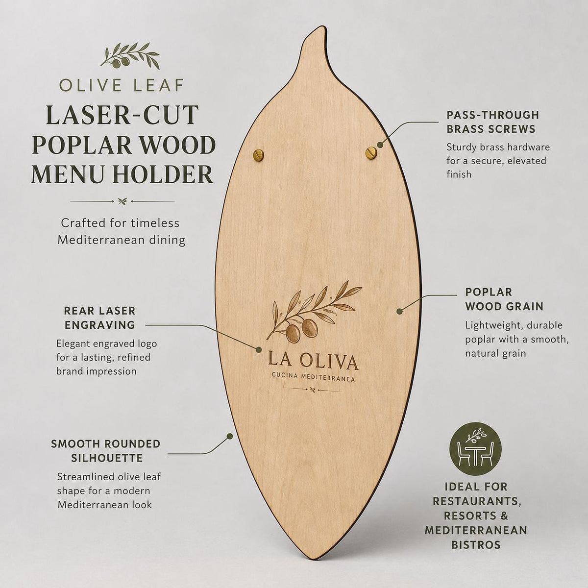 Portamenu in Legno a Forma di foglia di oliva , Tavoletta per Ristorante mediterraneo, Clipboard Personalizzata Incisione Logo