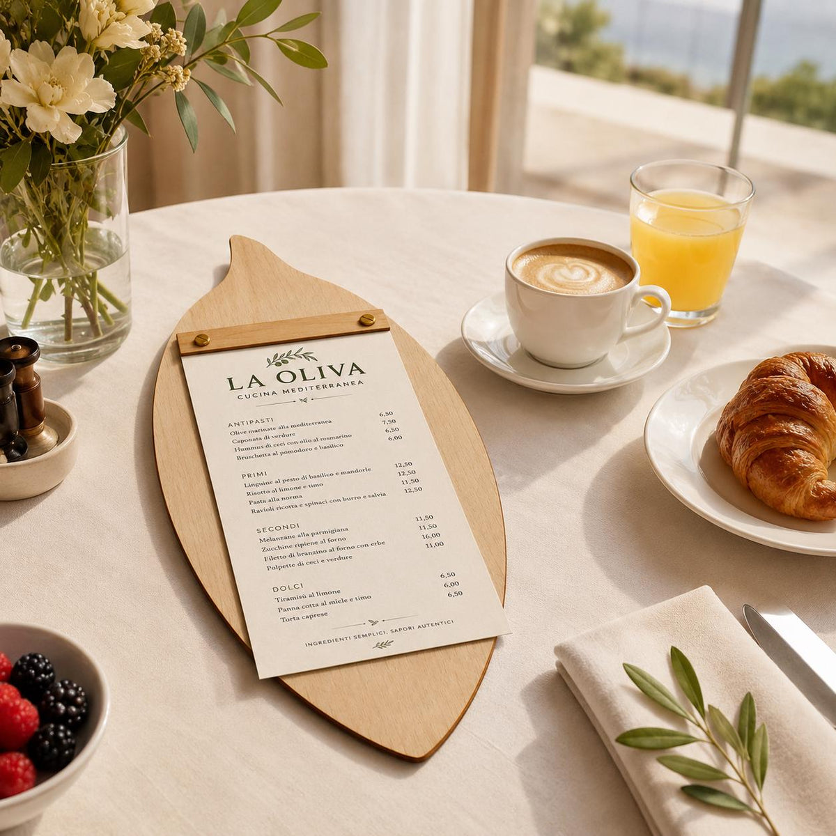 Portamenu in Legno a Forma di foglia di oliva , Tavoletta per Ristorante mediterraneo, Clipboard Personalizzata Incisione Logo